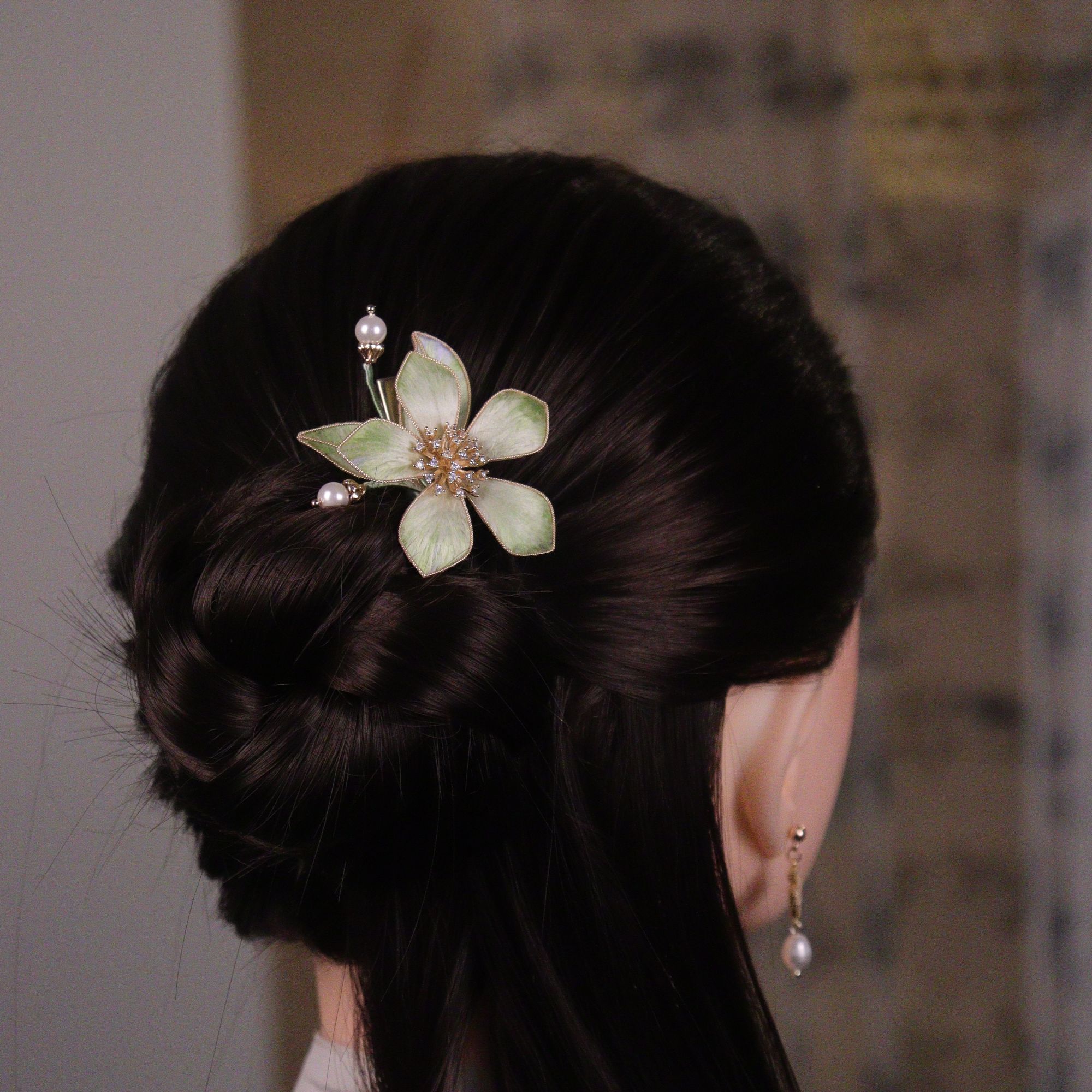 新中式掐丝绒花桃花发夹古风发夹复古绿色仙气可爱清新气质