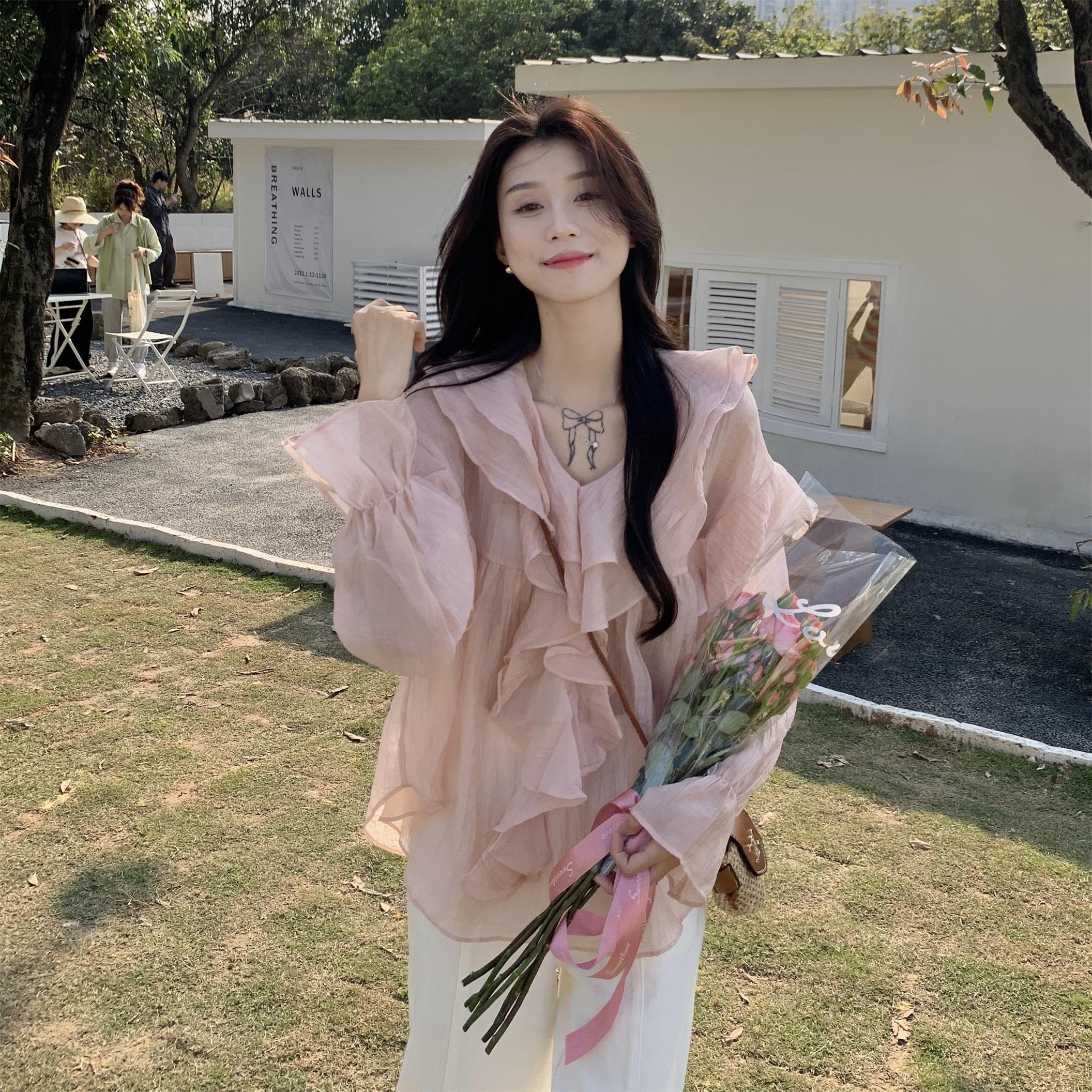 温柔风薄款荷叶边长袖衬衫女夏季设计感宽松休闲上衣