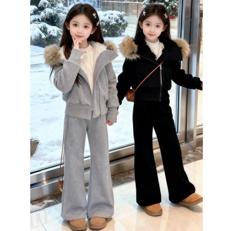 女童秋冬装套装2025时尚新款儿童加绒大毛领外套喇叭裤休闲两件套