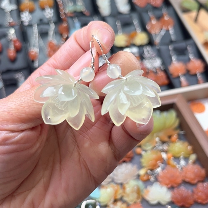 蛇纹石玉耳饰银S925镶嵌