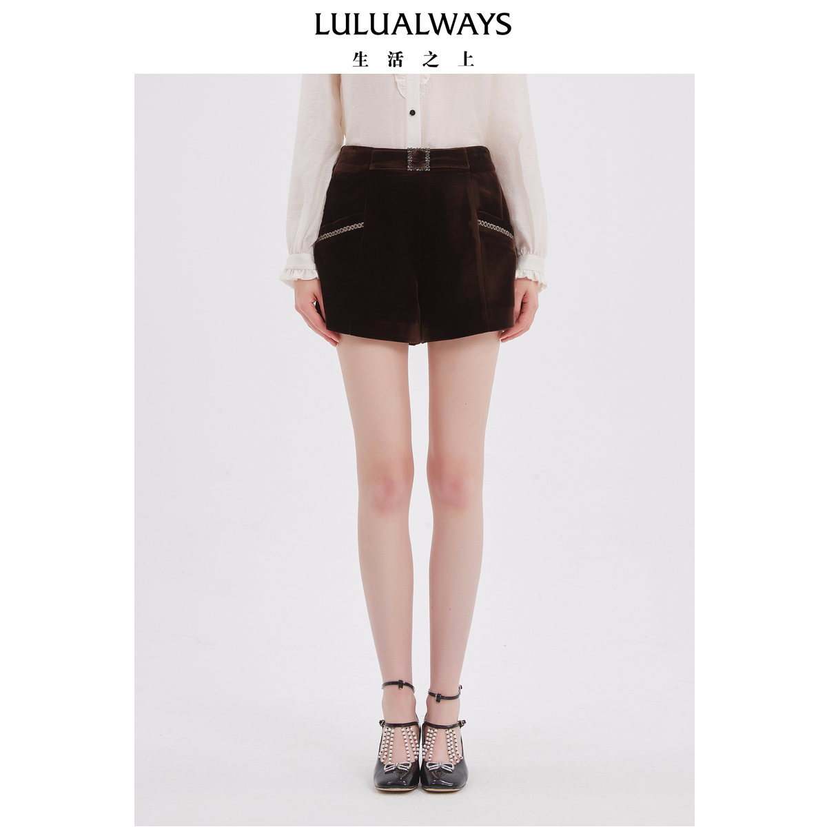 LULUALWAYS25秋季新款复古华丽优雅时髦丝绒腰带装饰短裤OQC3036