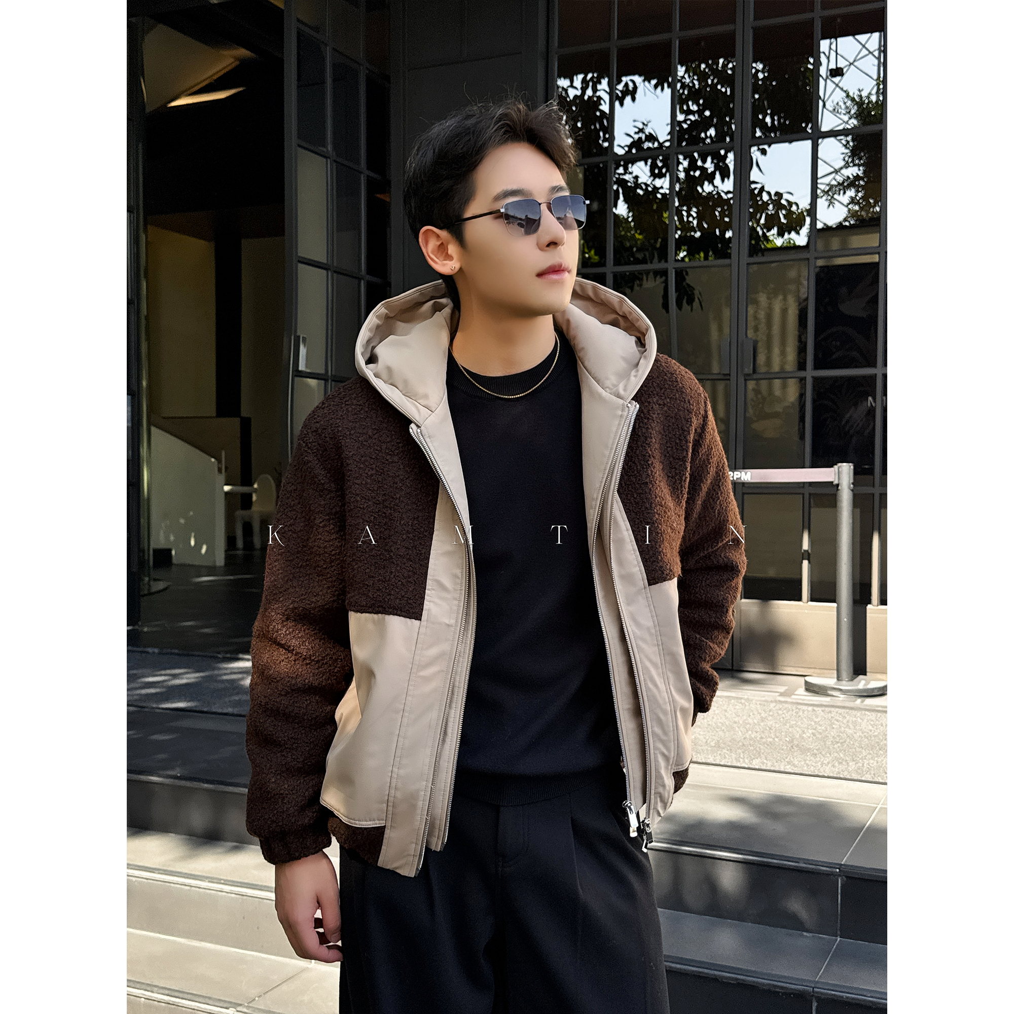 意式轻奢风「摩卡暖棕羊毛拼色」冬季连帽夹棉双拉链设计夹克外套