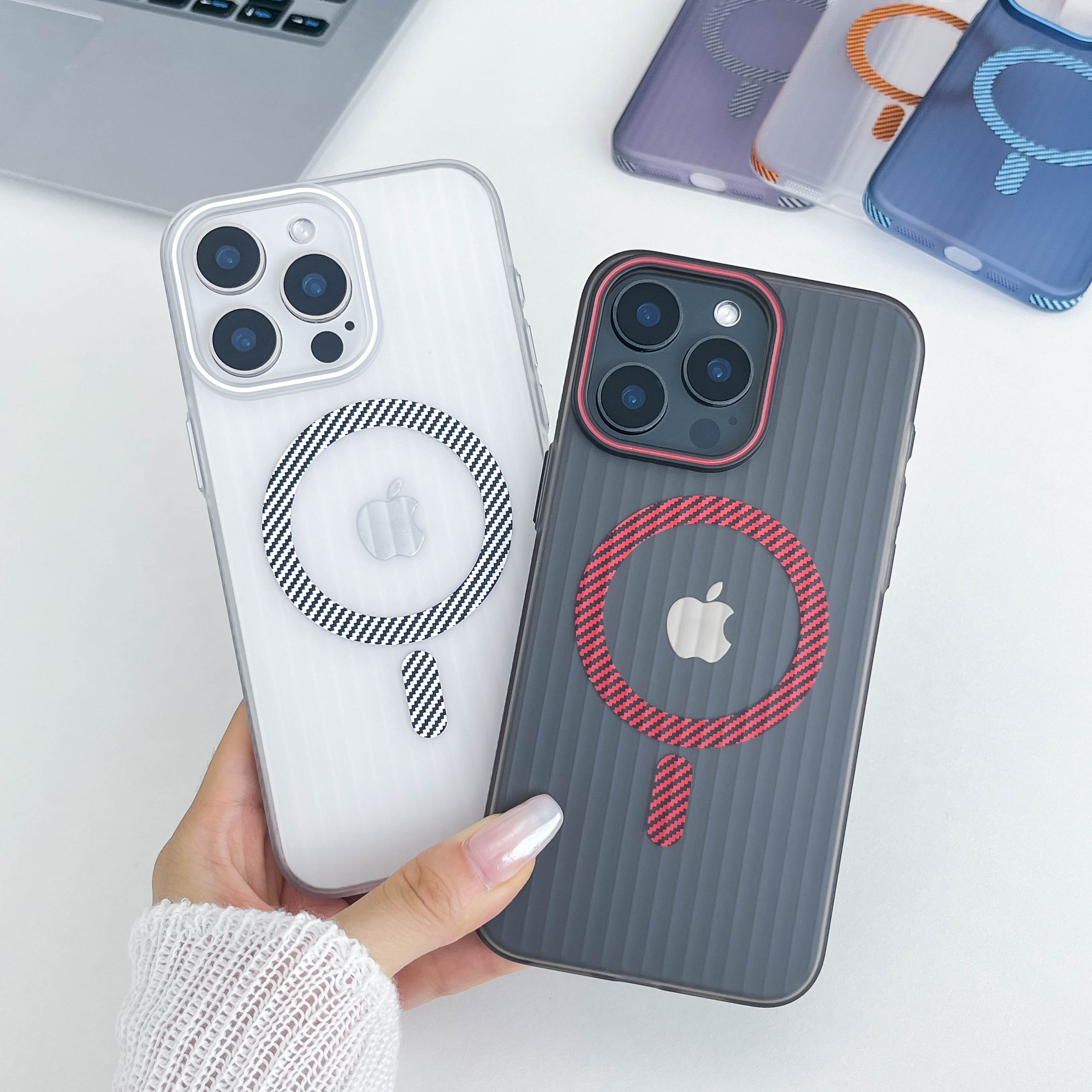 碳纤纹瓦楞壳适用苹果16PRO透色15PRO强力磁吸13简约12pro手机壳