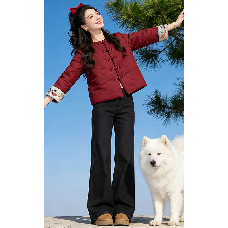 兹伊翰【花漫棕庭】新中式盘扣刺绣袖口棉服女2025冬季新款国风外套