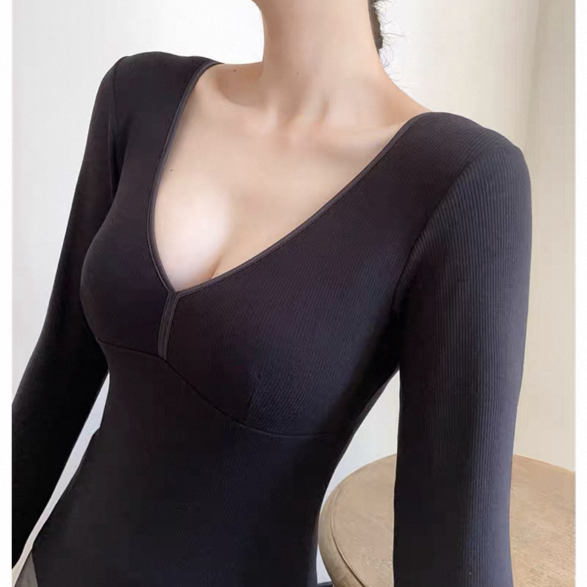 秋冬新款珍珠纱氨基酸固定杯V领长袖打底衫保暖修身显瘦52039