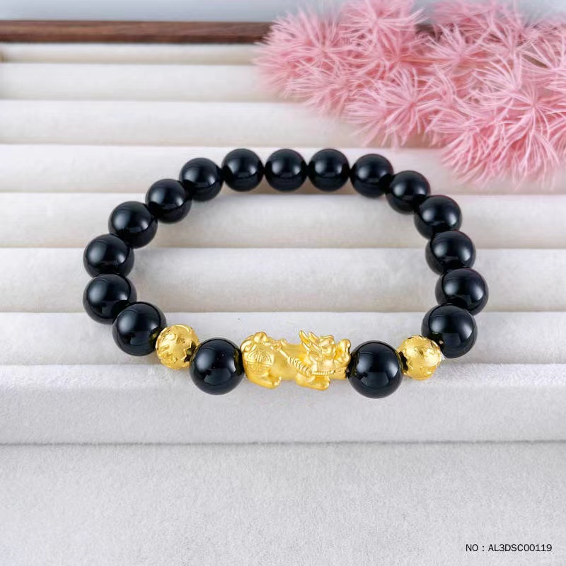 足金3D硬金招财貔貅间玛瑙珠手串弹力绳成品手串百搭经典情侣