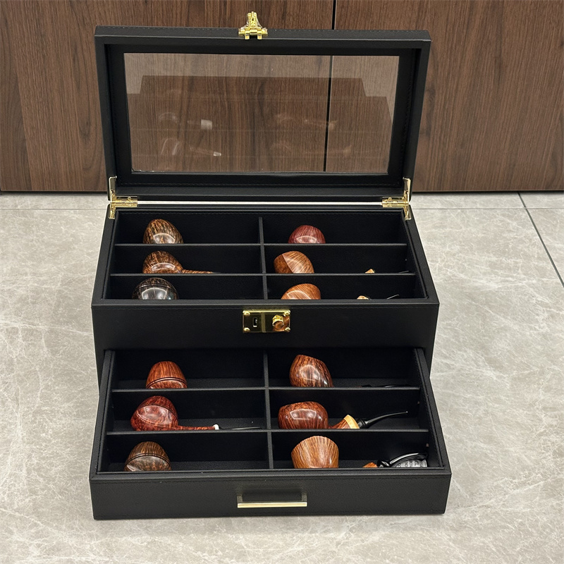 高端定制烟斗收纳盒8斗12斗位钢琴烤漆木盒PU皮盒不含烟斗