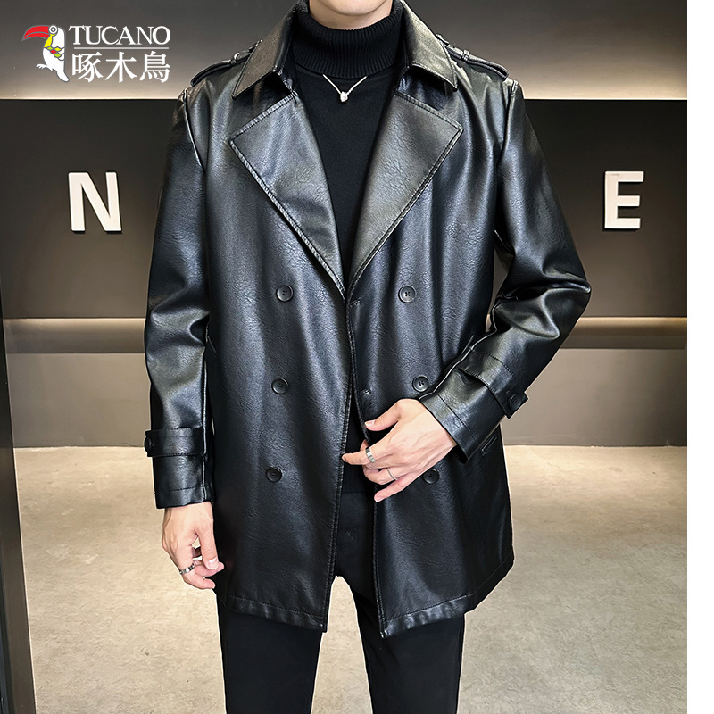 啄木鸟秋冬新款男士极简中长款皮衣夹克潮男时尚高档风衣外套
