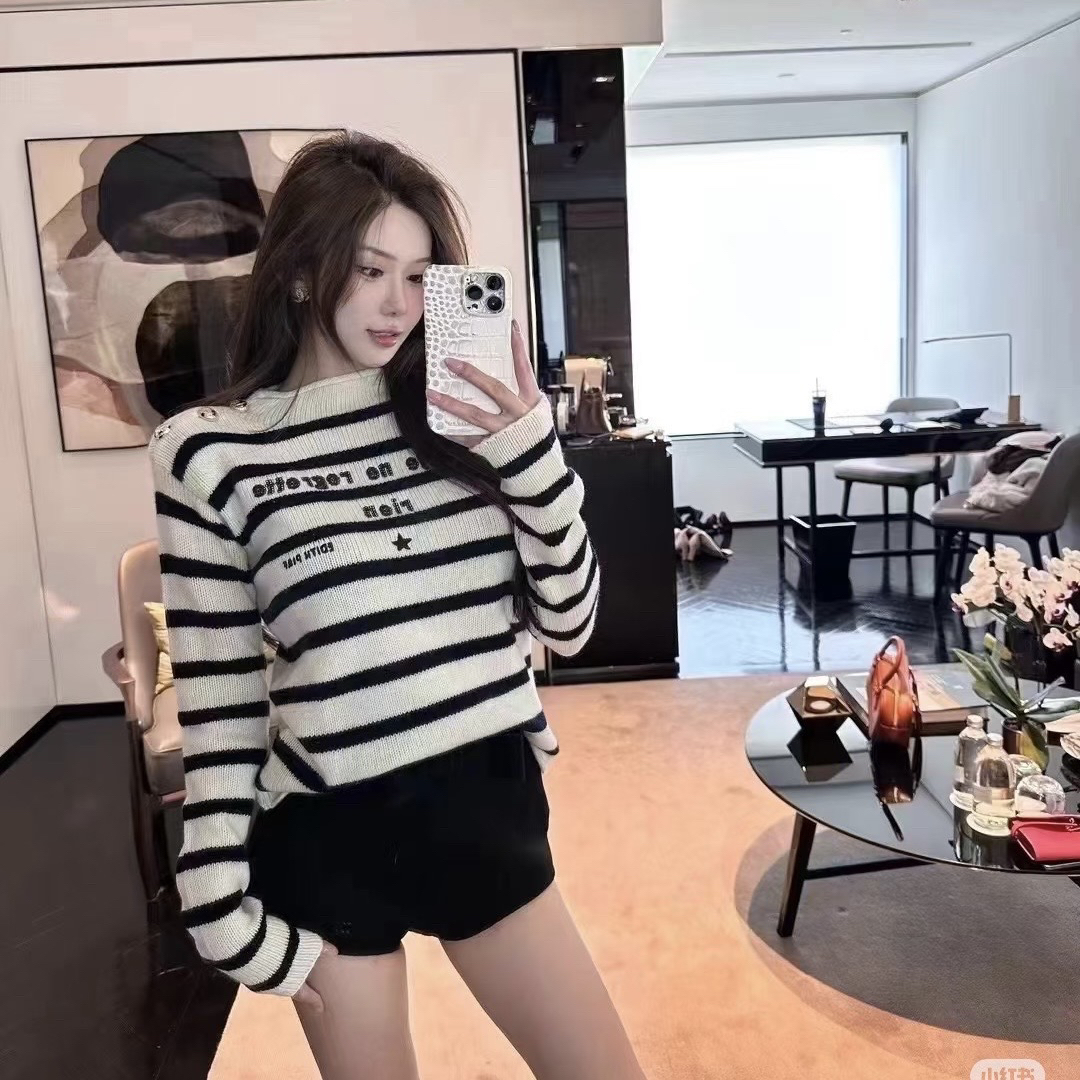 99新 DIOR/迪奥 字母条纹提花圆领长袖羊绒衫 38码 04574 
