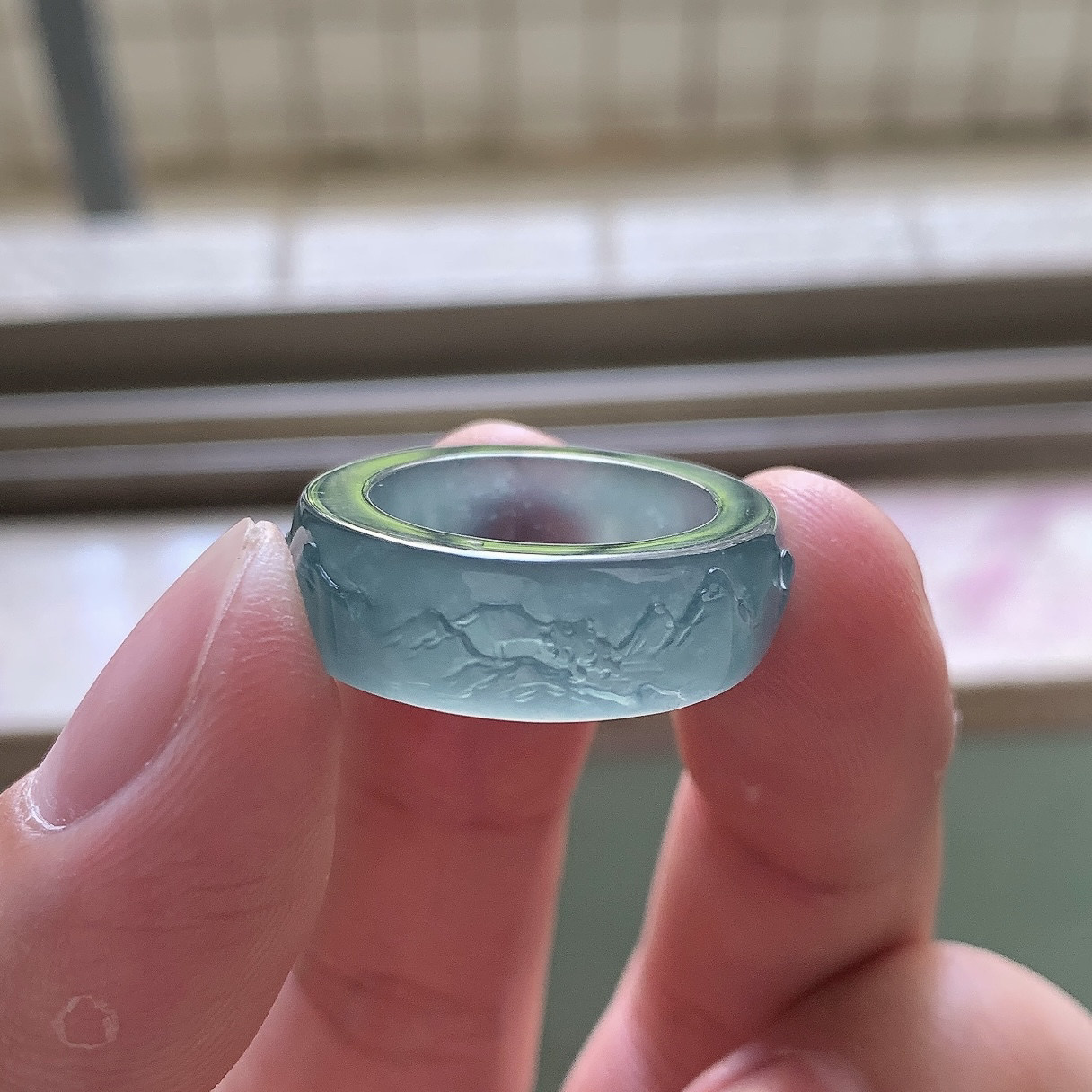 16圈天然翡翠A货冰糯老蓝水山水扳指指环戒指戒圈17.8-8-4.5mm