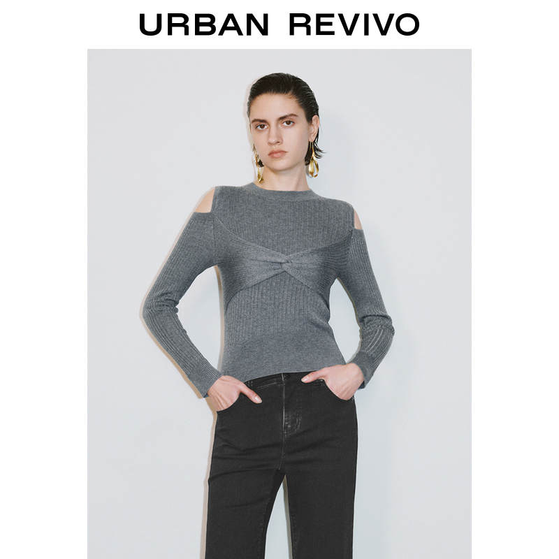 UR2025春季新款女装欧若风扭结镂空短款修身针织衫UWG950067
