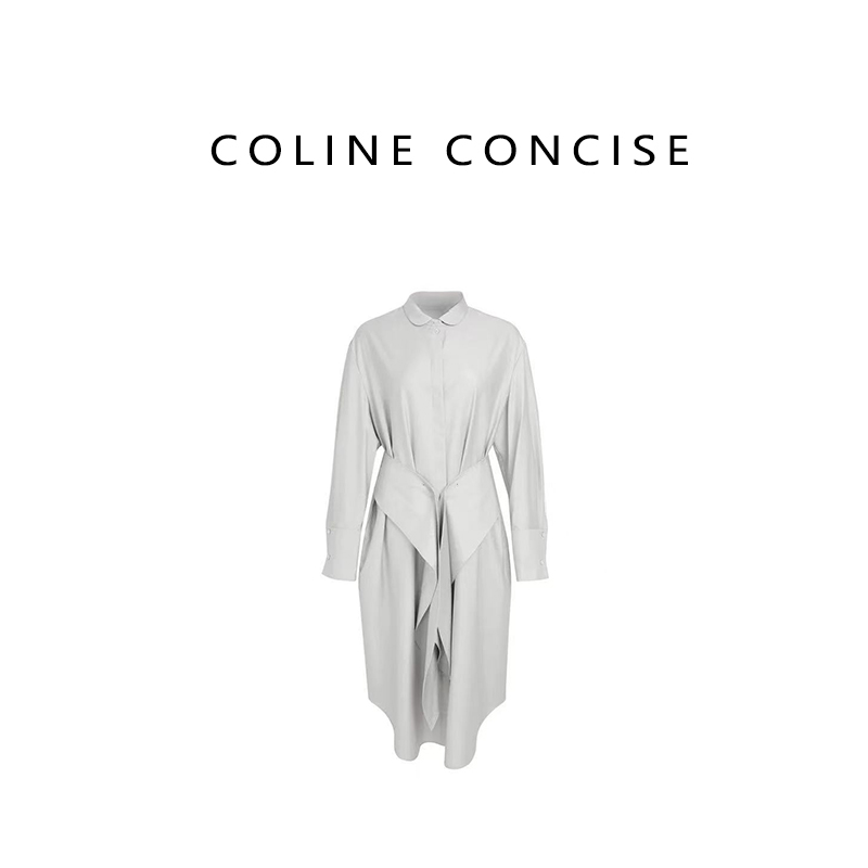 COLINE CONCISE 25SS时髦灰白设计感翻领腰带连衣裙88117