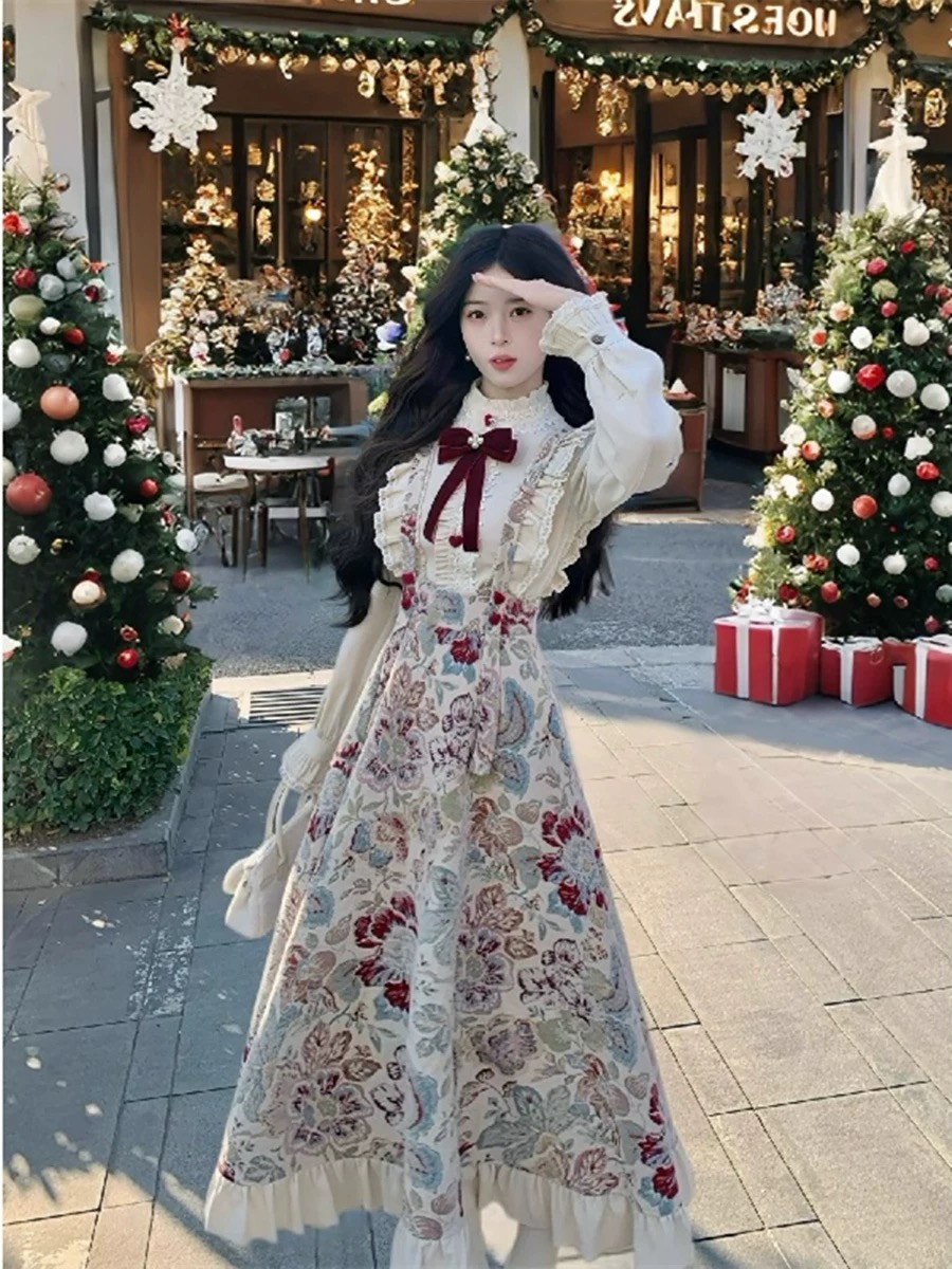 胖mm复古高级感花边衬衫碎花背带连衣裙女春季收腰显瘦两件套6232