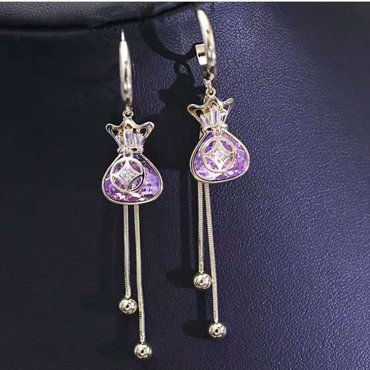 韩版水晶福袋流苏长款耳环银针气质时尚个性耳饰轻盈精致