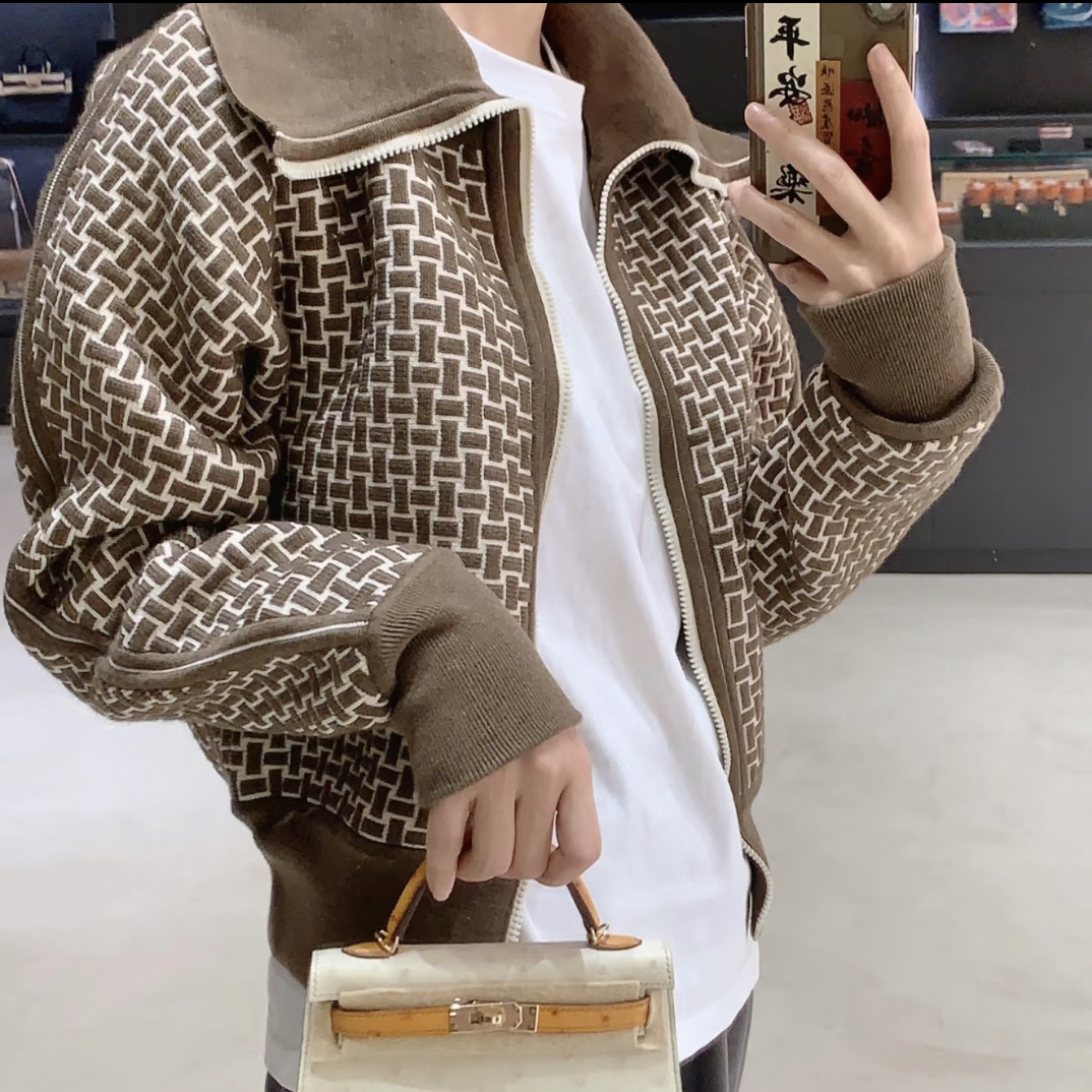 99新 Hermes/爱马仕 白绿编织翻领羊毛外套 38码 GM105313