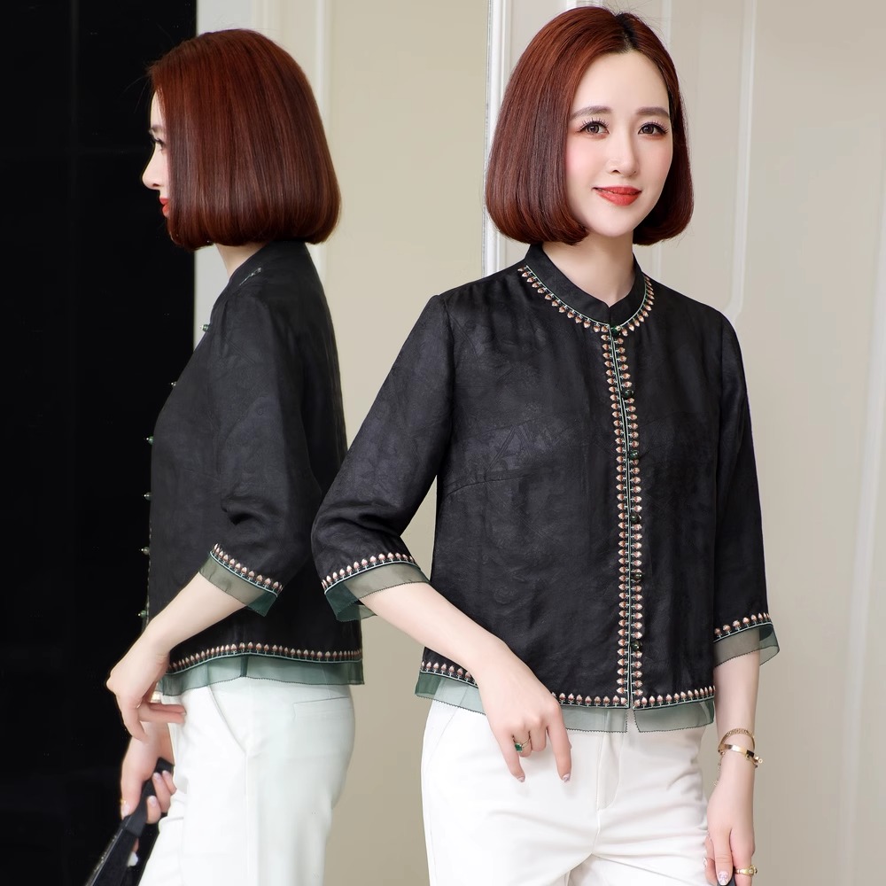 桑蚕丝妈妈装上衣香云纱短袖女2025新款正品减龄中年妈妈装黑色瘦