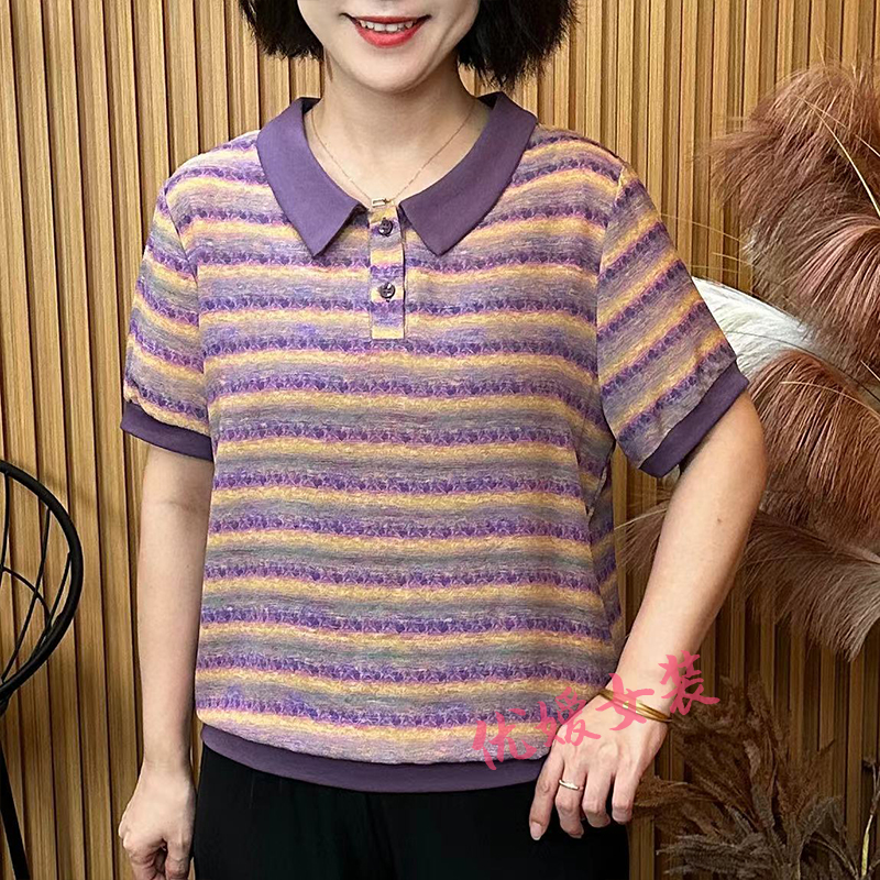 中老年女装夏季翻领紫色条纹薄款休闲宽松显瘦洋气妈妈装短袖上衣