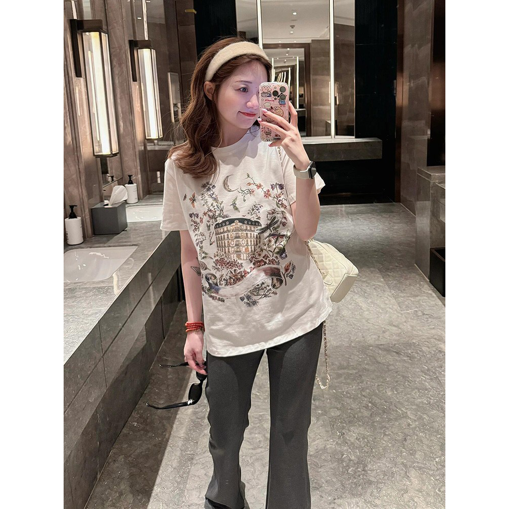 重工印花短袖T恤女夏季新款韩版宽松显瘦设计感小众百搭休闲上衣