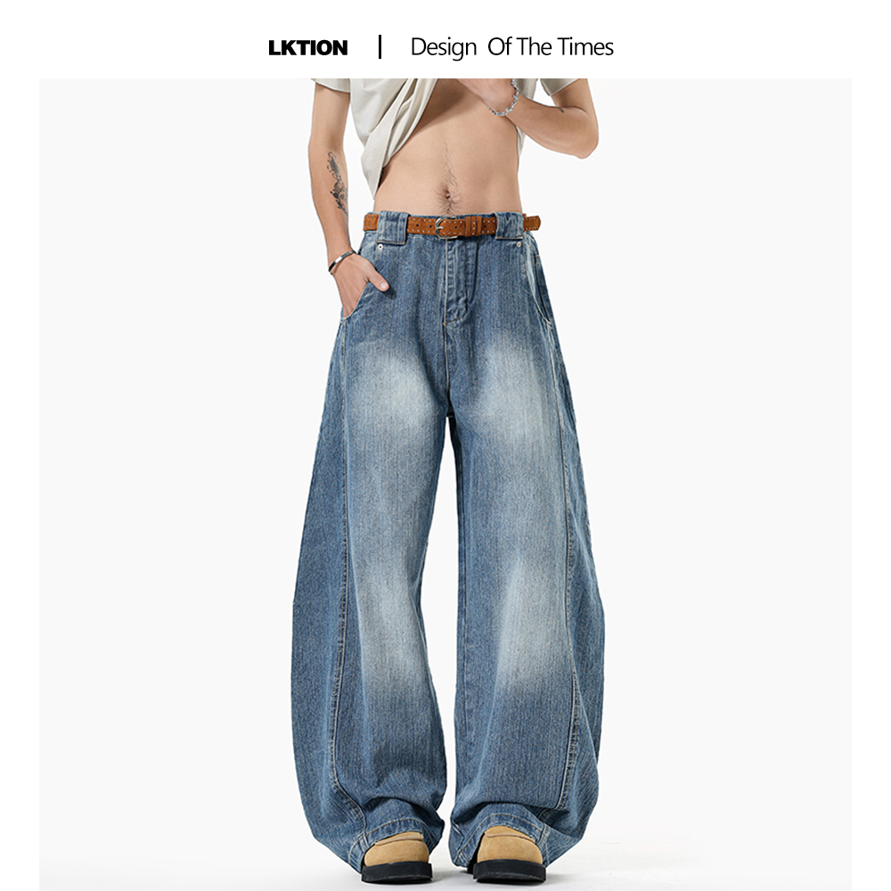 LK正品复古蓝A字版型弯刀牛仔裤美式高街大码直筒阔腿镰刀裤子