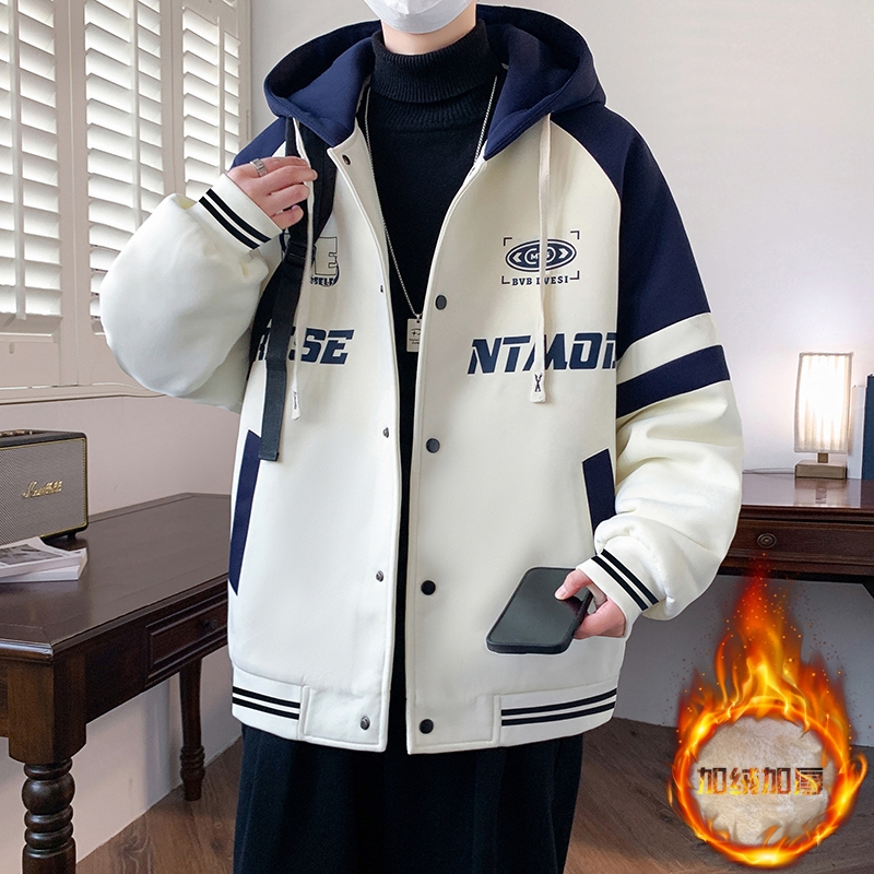 冬季加绒加厚款连帽外套青少年学生潮流休闲拼接设计宽松版夹克男