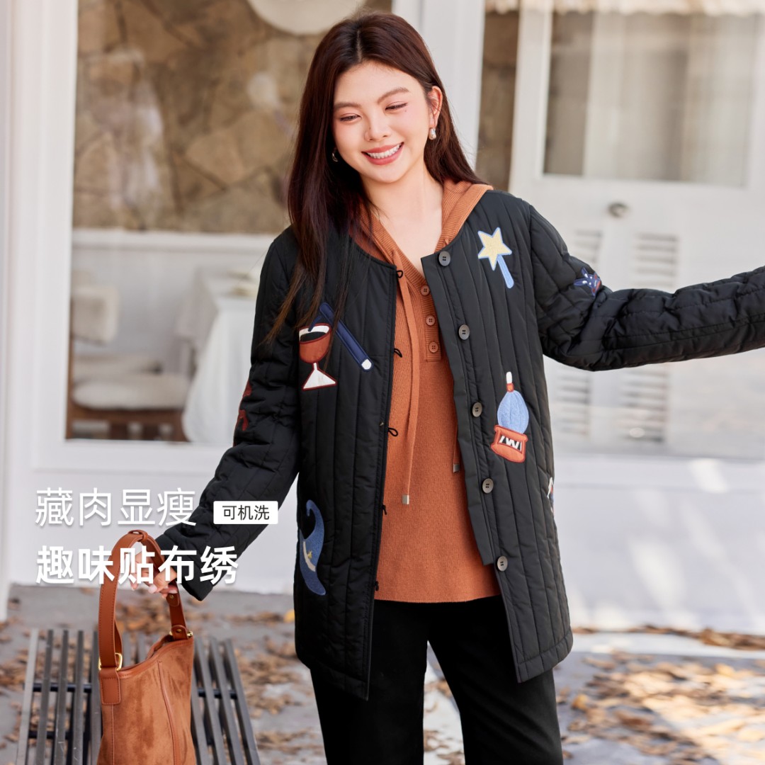 【贴布绣条纹外套】MsShe大码女装2025新款冬宽松外套女Q2510049