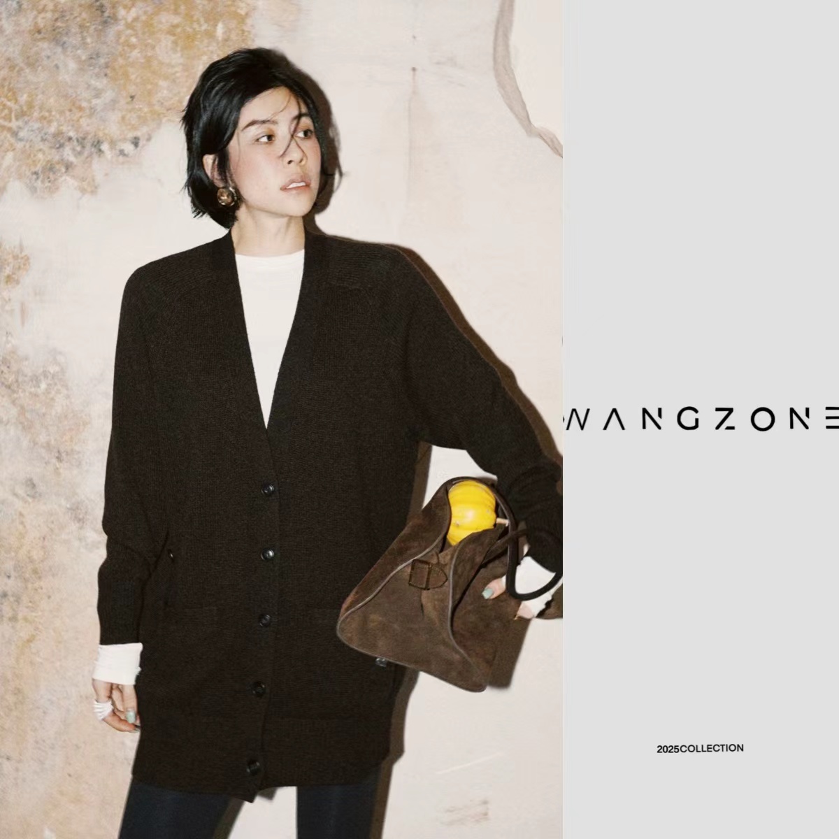 WANG ZONE｜独家定染羊绒羊毛翻领半拉链套头宽松针织衫上