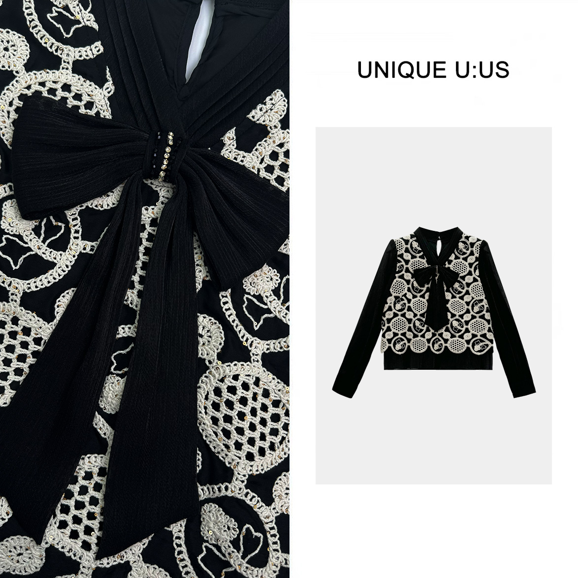 UNIQUE U:US【浮雕美术】V领蝴蝶结钩花亮片气质显瘦上衣衫-250129