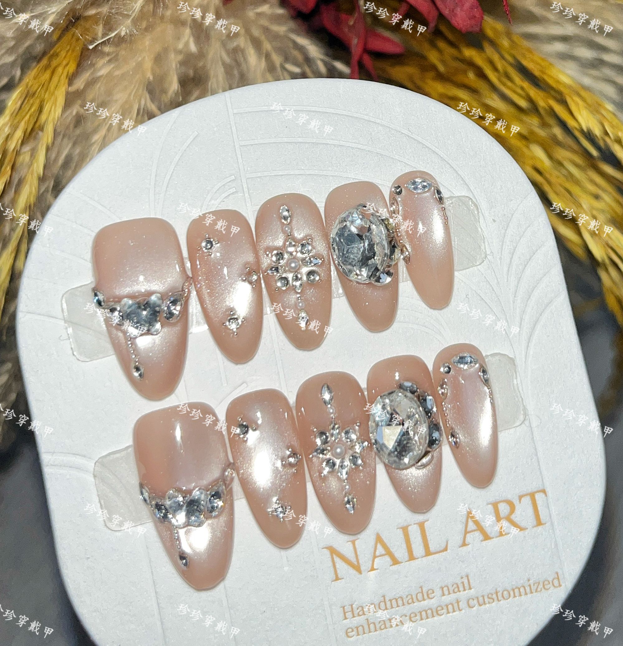 【豪门千金】珍珍手工穿戴甲重工轻奢格子钻爆闪猫眼可拆卸美甲贴片