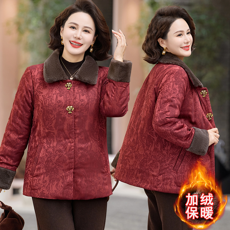 妈妈装冬季加绒加厚翻领棉衣中老年女装洋气保暖外套棉袄棉服新款