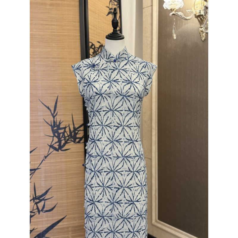 蓝花128cm春夏新款古法全开襟蓝色显白气质温柔日常大气曳地旗