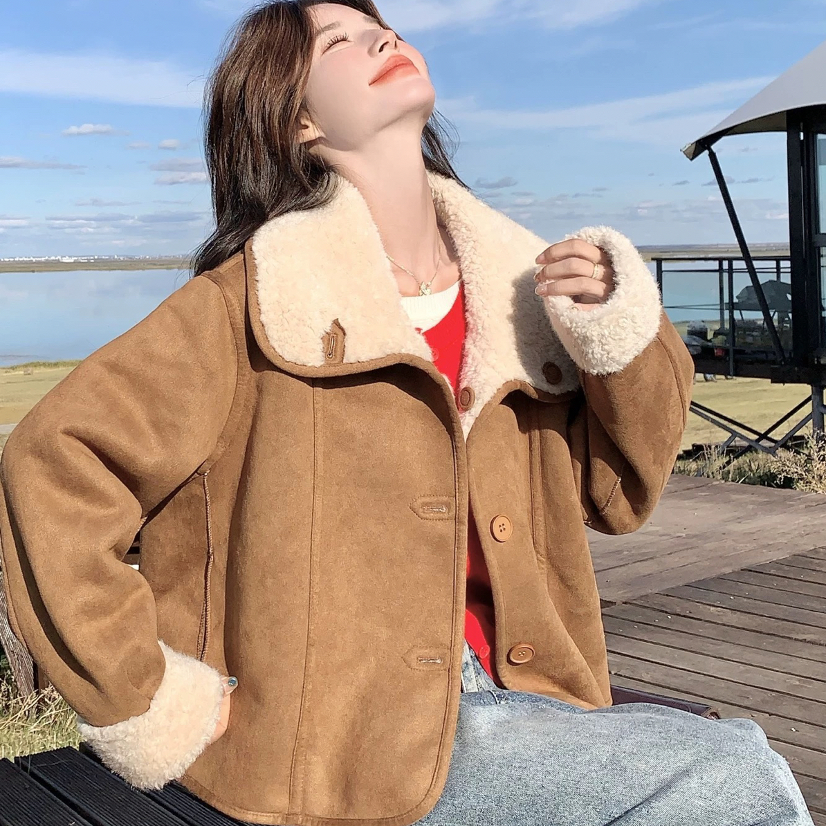 小刘家两面穿皮毛一体外套女2025秋冬美拉德复古小个子麂皮绒上衣