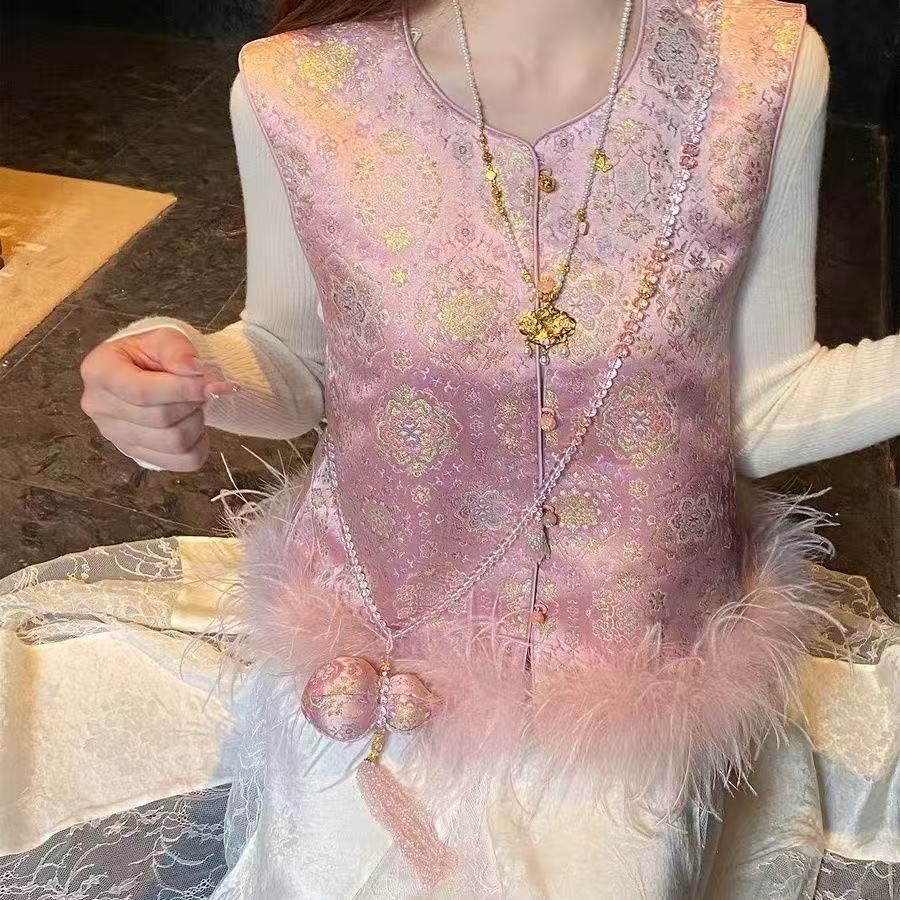 新中式减龄款温柔风粉色马甲5291