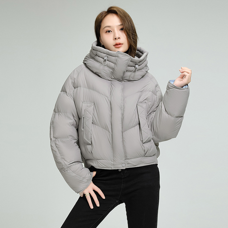 韩版2025年冬季新品短款羽绒服女立领连帽加厚休闲时尚纯色90鸭绒