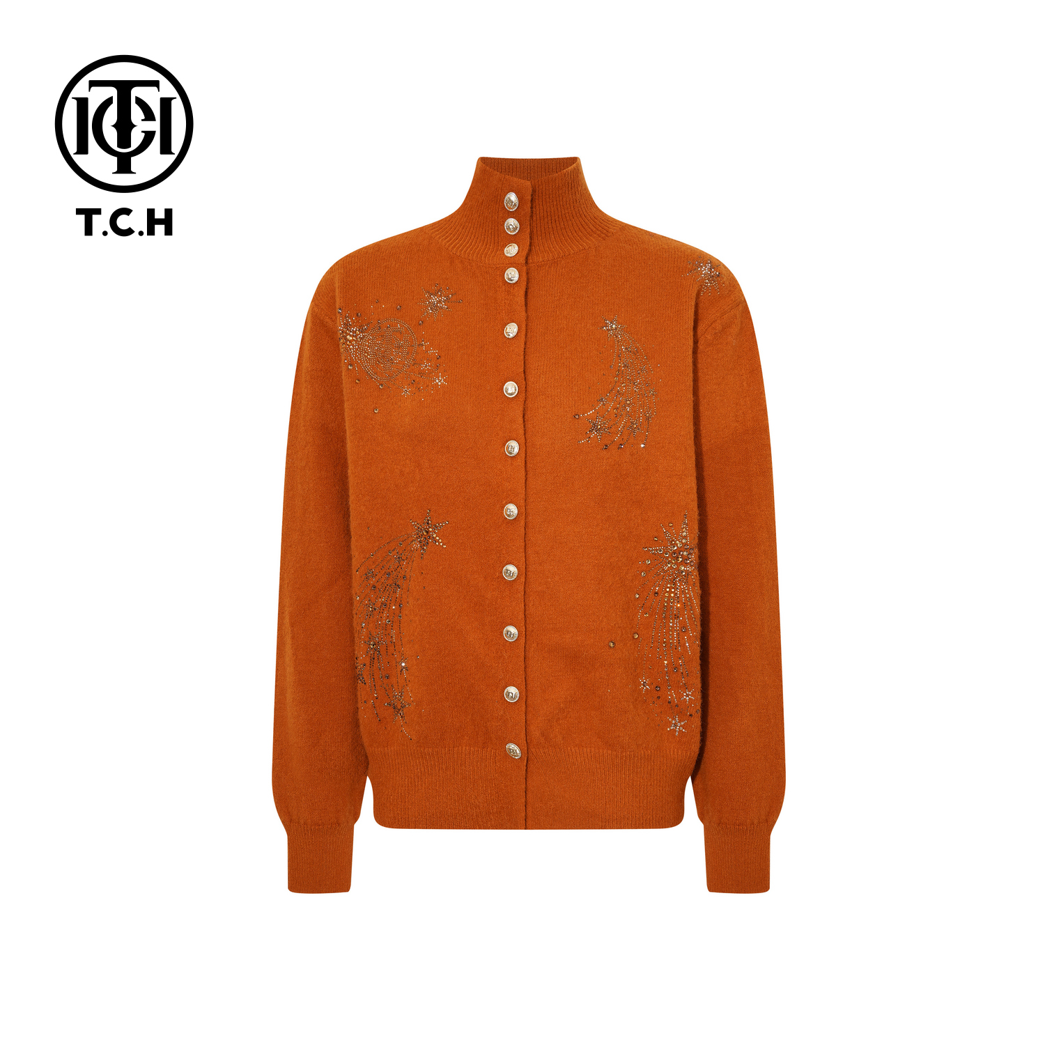 TCH私服冬款慵懒风烫钻时尚淑女橘色针织开衫T75D43E1039轻奢tch
