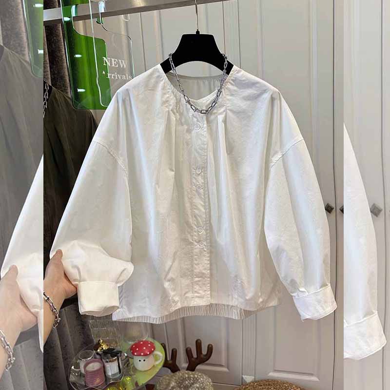 法式压皱圆领下摆松紧长袖大码衬衫女轻薄宽松春秋季新款显瘦上衣