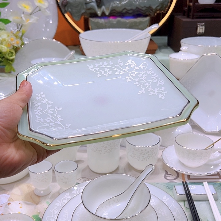 瓷景德镇绿玉瓷方盘暗香浮动方盘各一个