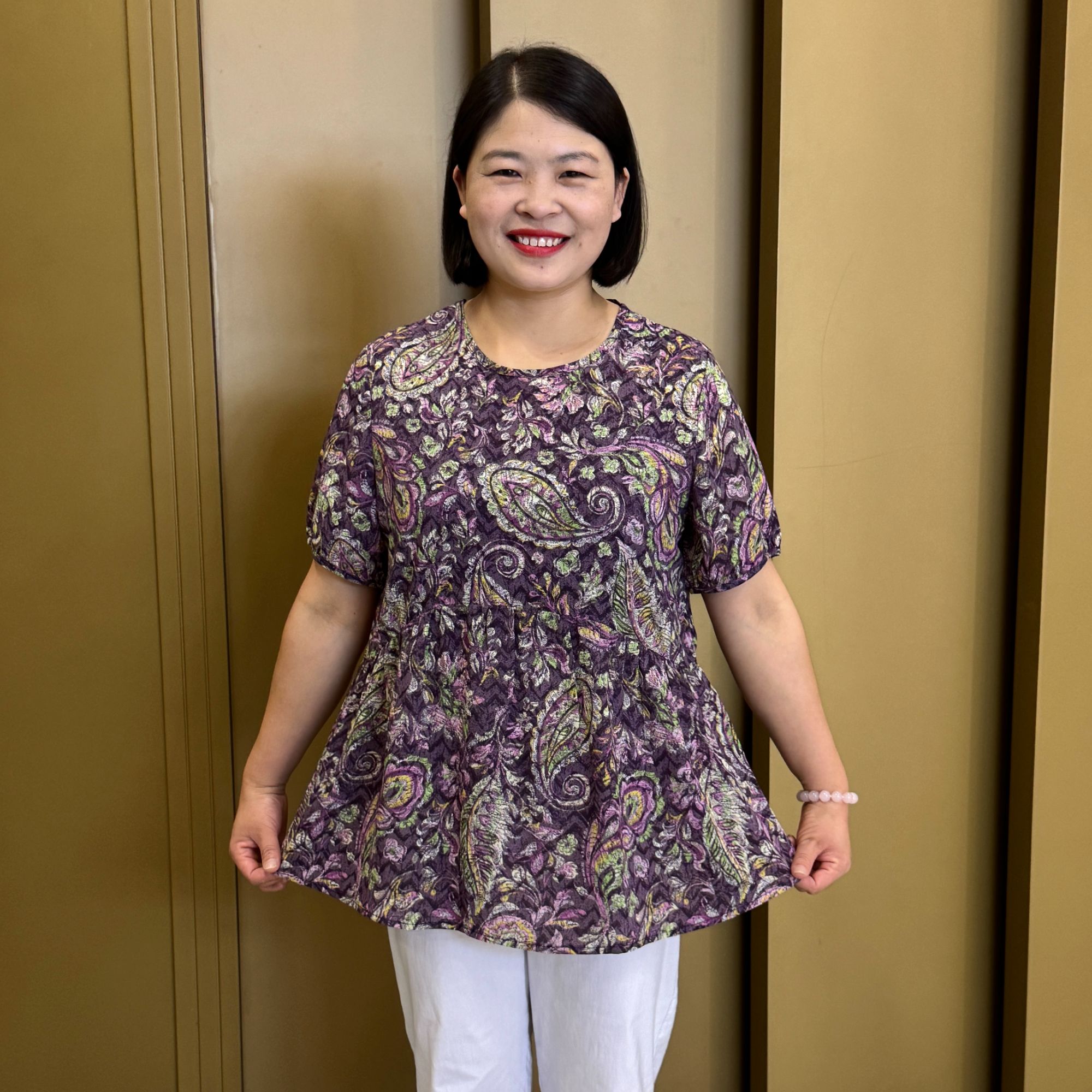 夏季短袖圆领时尚花色宽松型气质减龄显瘦中长洋气衫