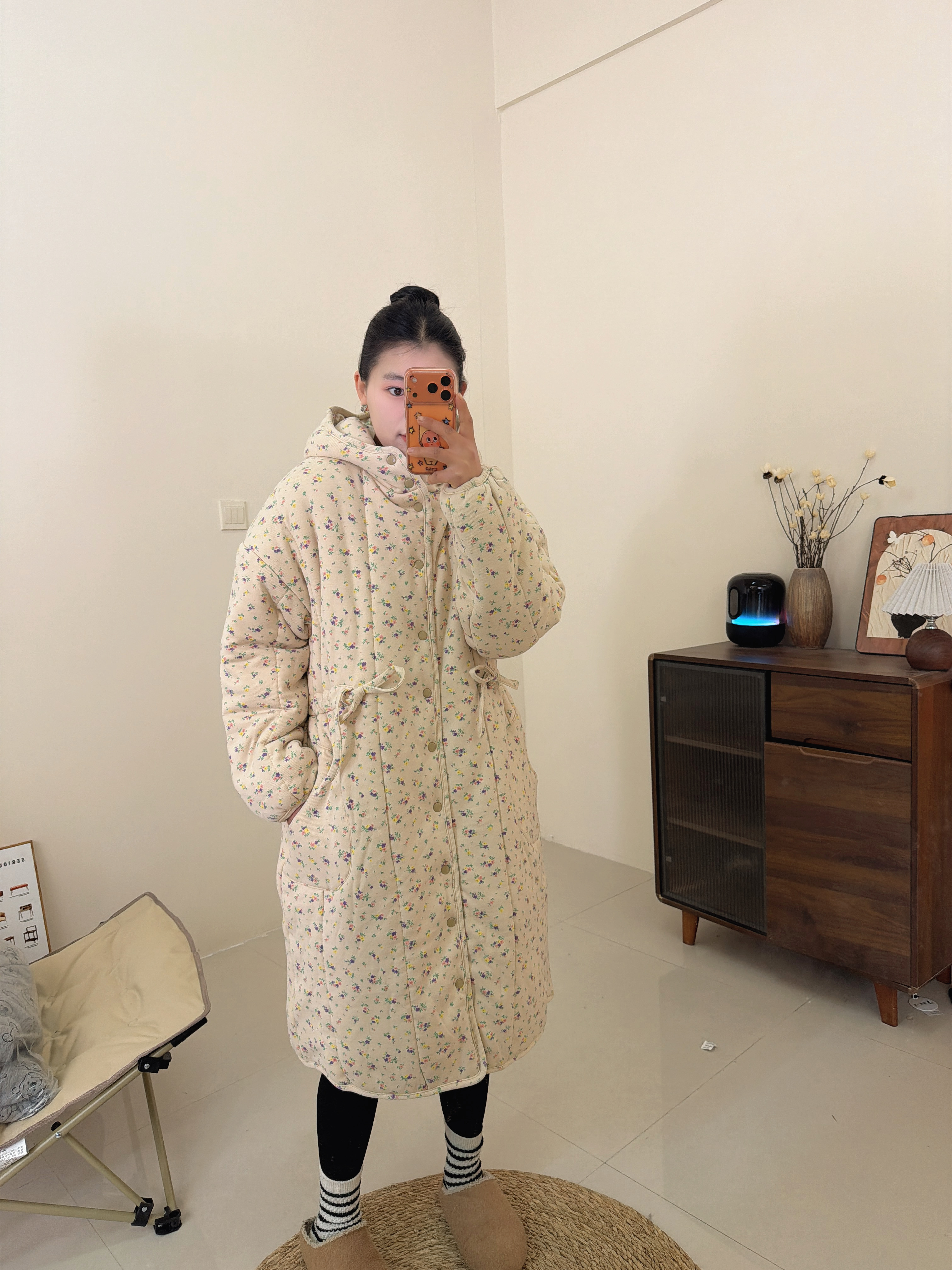 【浅野碎花抽绳长款】300g新疆棉系绳收腰宽松家居服女保暖棉衣