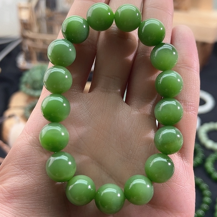 和田玉颈饰未镶嵌碧玉粉青-粉绿-12mm手串