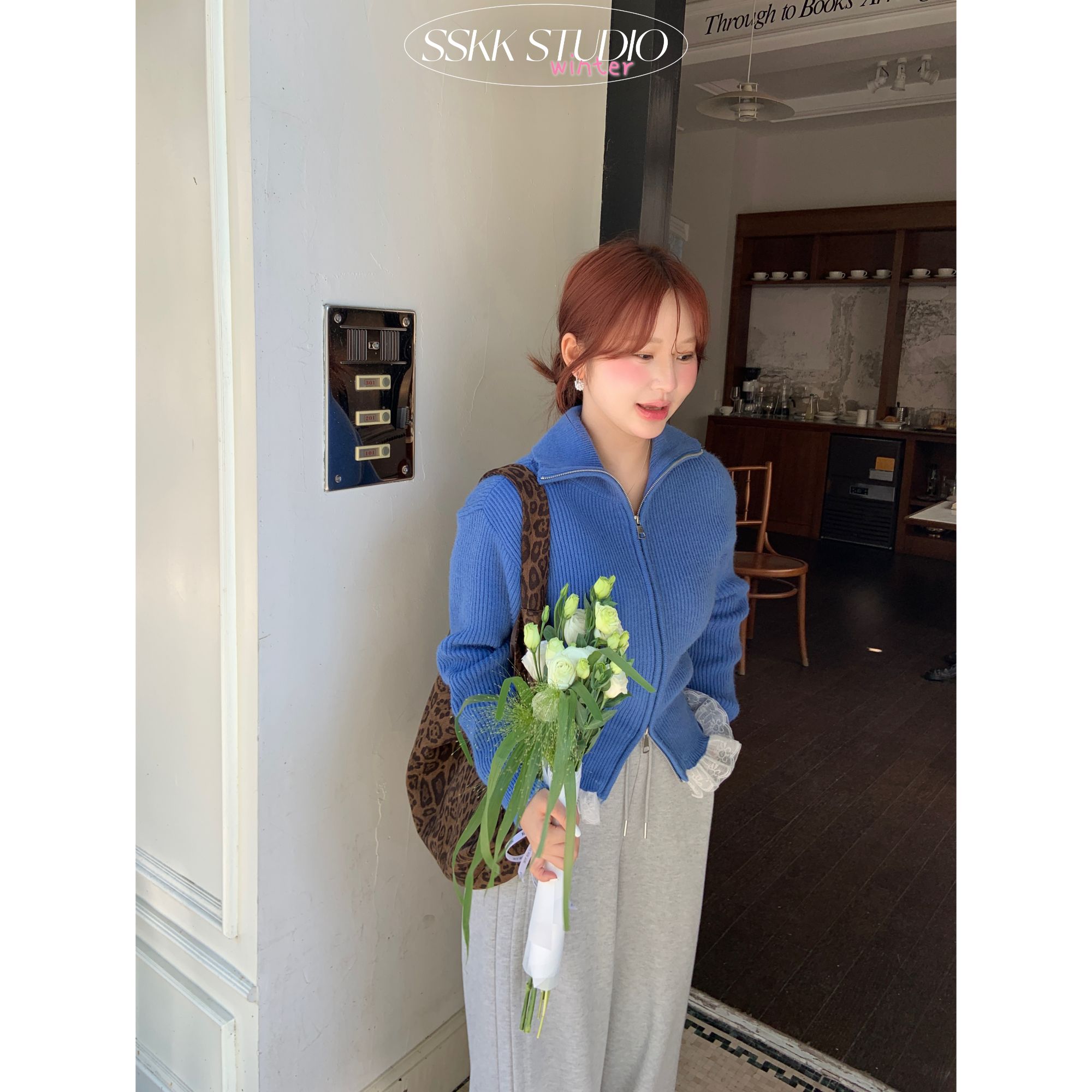 KMZY/KMZY山_山【蓝调情书】微胖韩系慵懒风翻领拉链蕾丝边毛衣外套