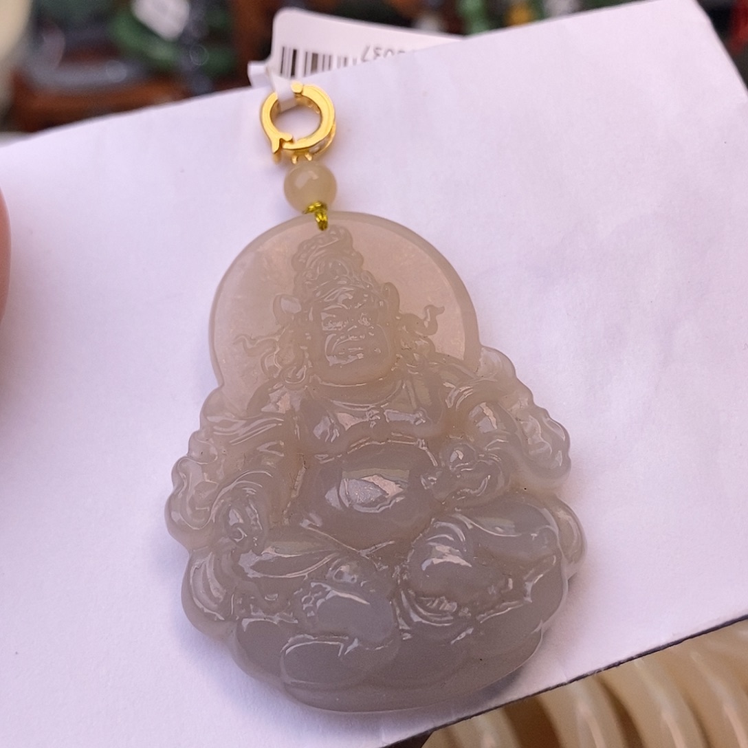 和田玉熟藕粉清货价烟藕黄财神未镶嵌