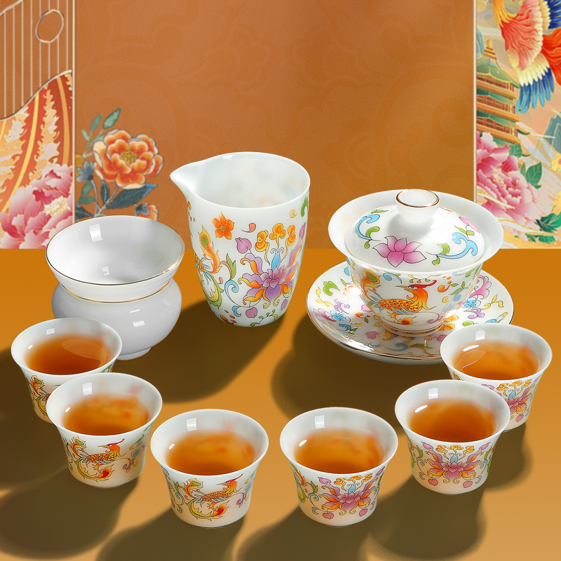 缠枝凤凰冰种玉瓷高端茶具套组