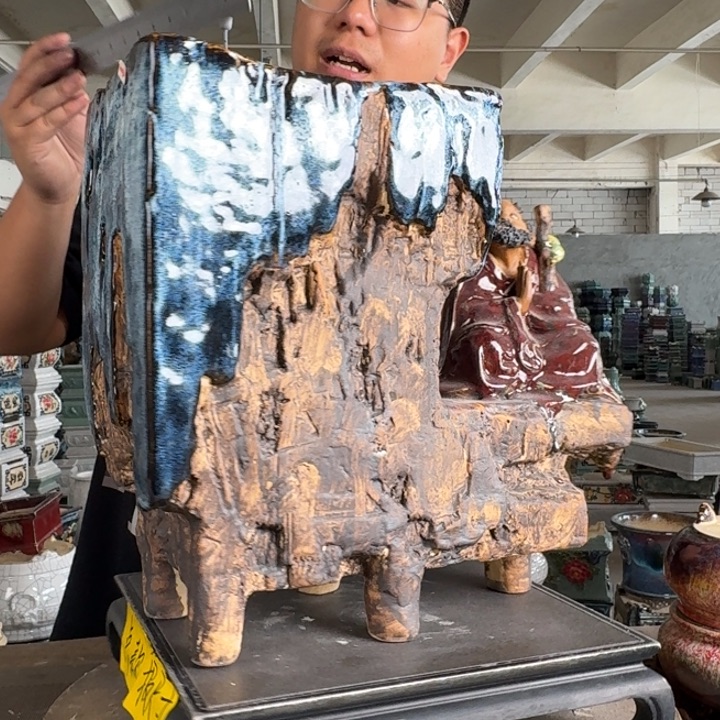 。一风堂石湾花盆 修补痕迹 内20*15*30