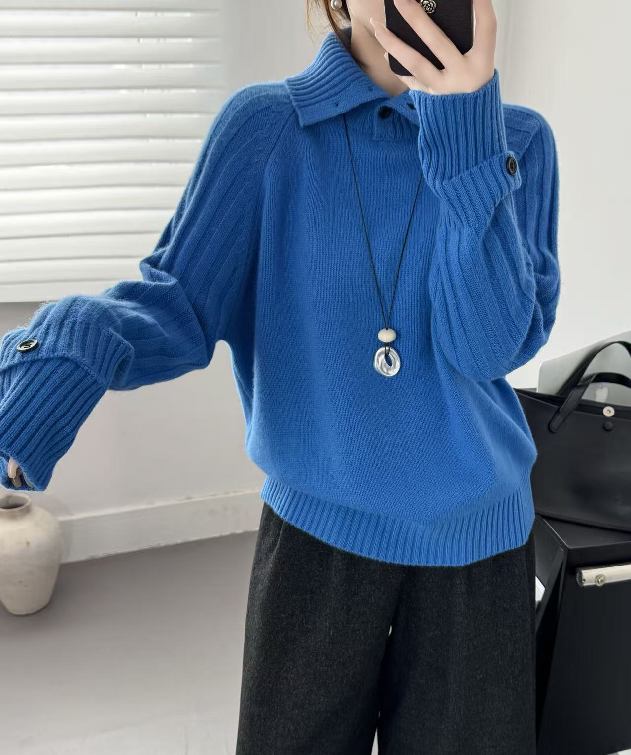 {独优}100羊毛翻领袖扣韩系加厚针织衫