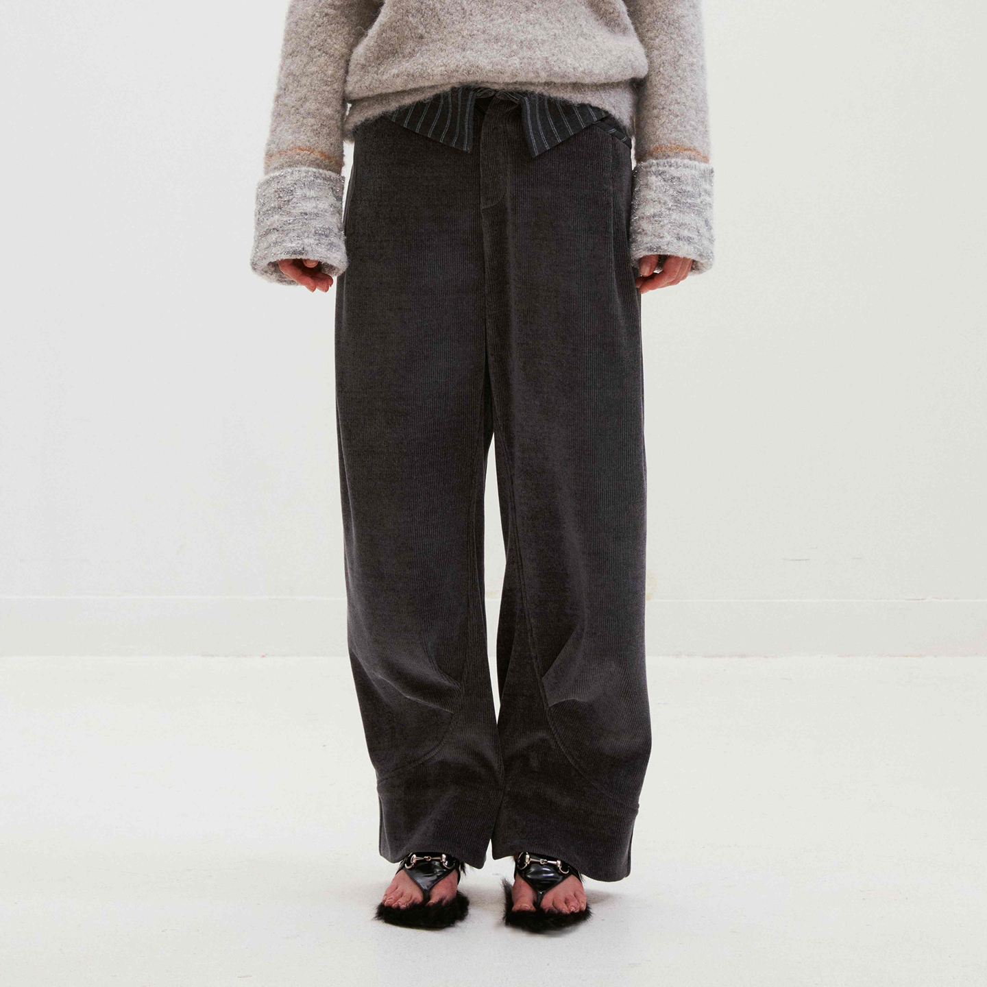 【MEDIUM WELL】noundnound撞色腰头暖绒条纹捏褶直筒裤25秋冬新款