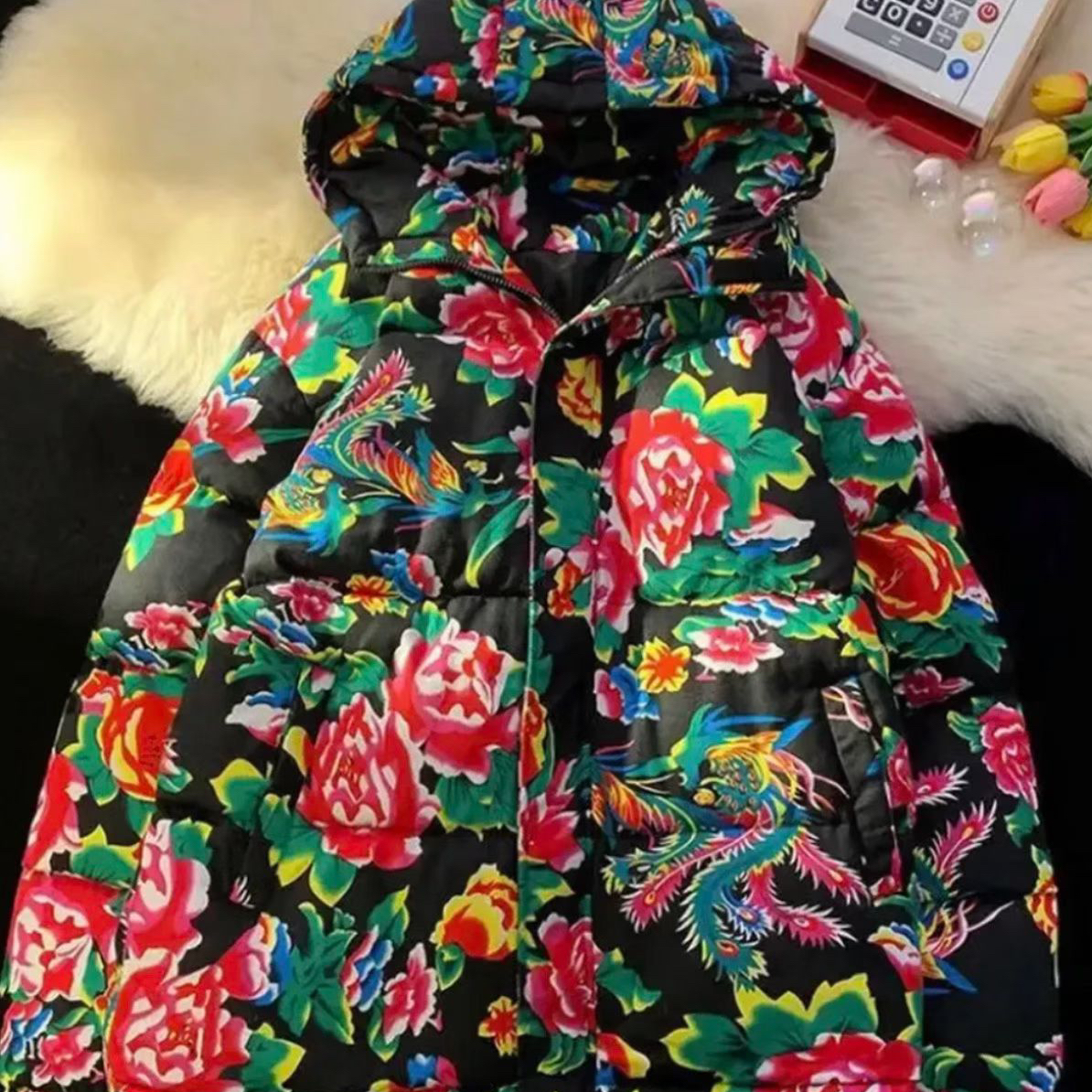 连帽款国潮大码加厚牡丹花东北大花棉袄冬季保暖面包服