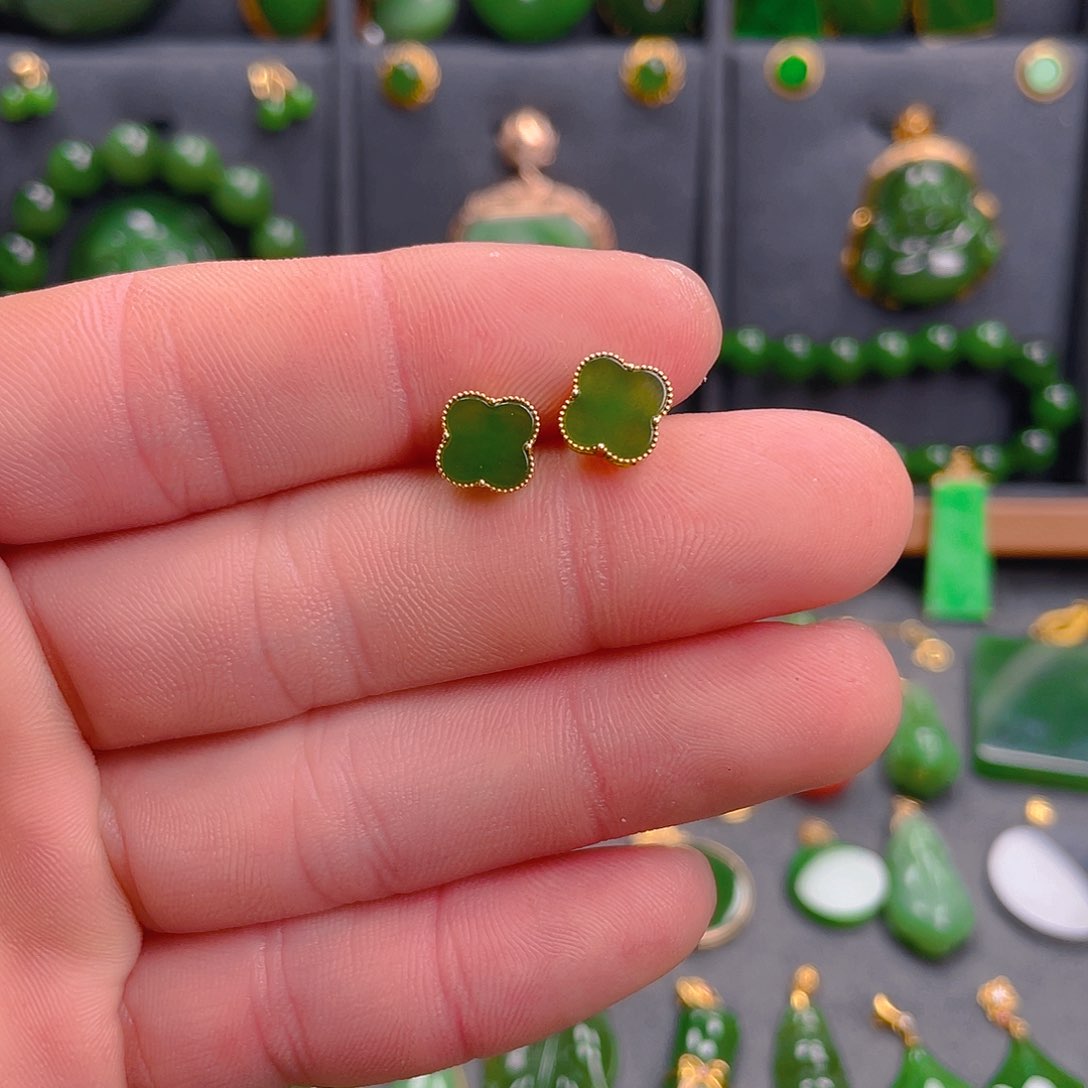 和田玉（碧玉）耳饰18K金镶嵌780