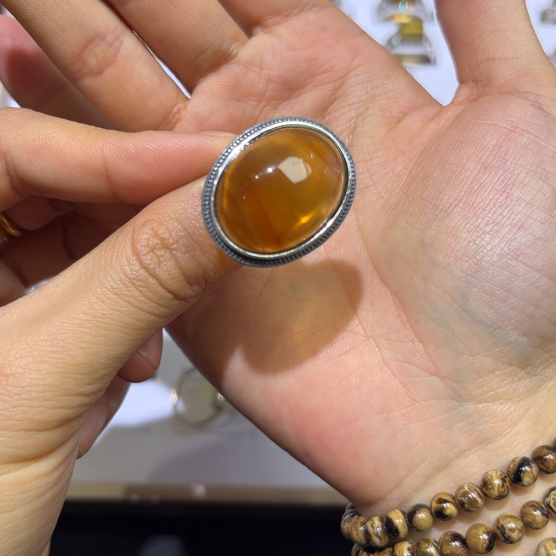 琥珀手镯银S925镶嵌戒指9号