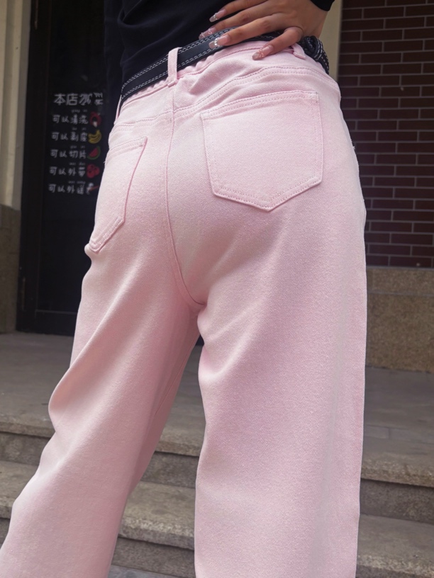 粉色阔腿牛仔裤春秋新款个性爆款显瘦窄版直筒裤