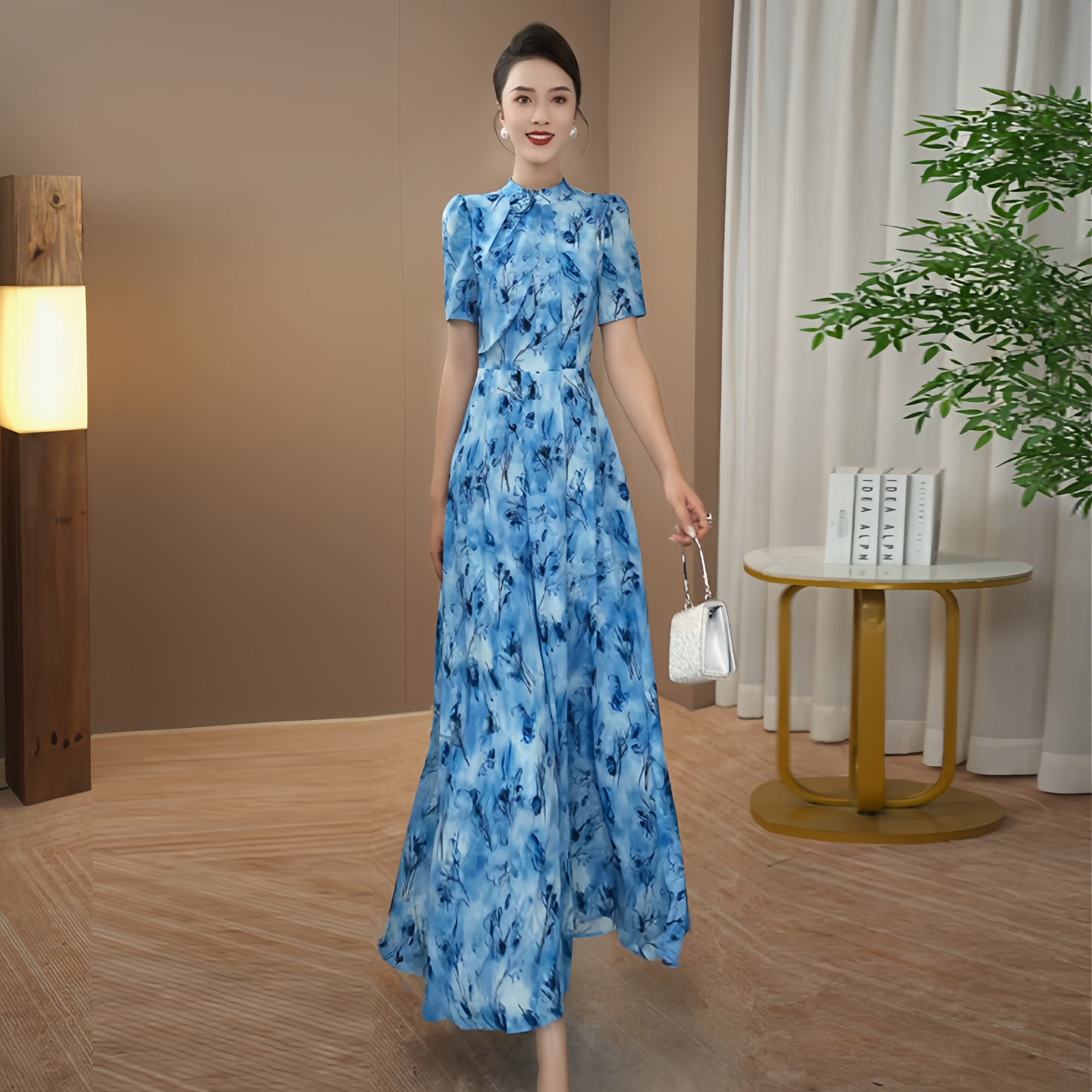 蓝色时尚清爽夏季连衣裙2025新款修身显瘦设计感优雅印花长裙131